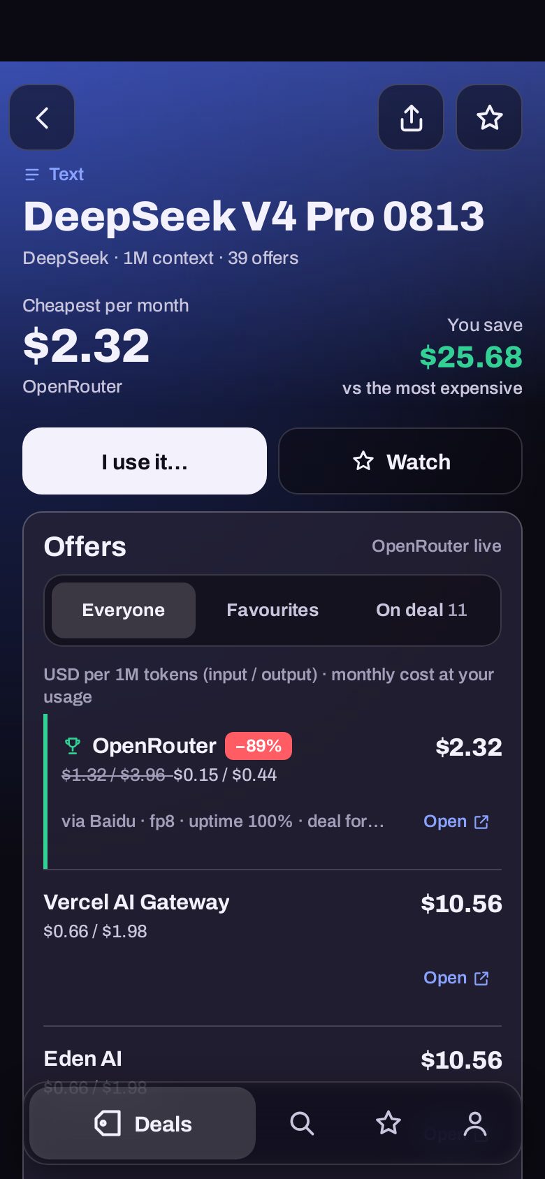 Model card with the cheapest price and the list of offers